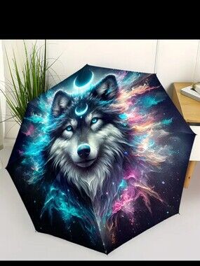 🆕️☔️🐺 MYSTIC WOLF COSMIC PRINT COMPACT UMBRELLA 🐺☔️